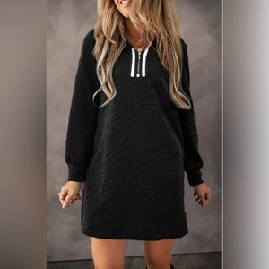 Black Sweatshirt Textured Long Sleeve Straight Fit Pullover Dress Quarter Zip